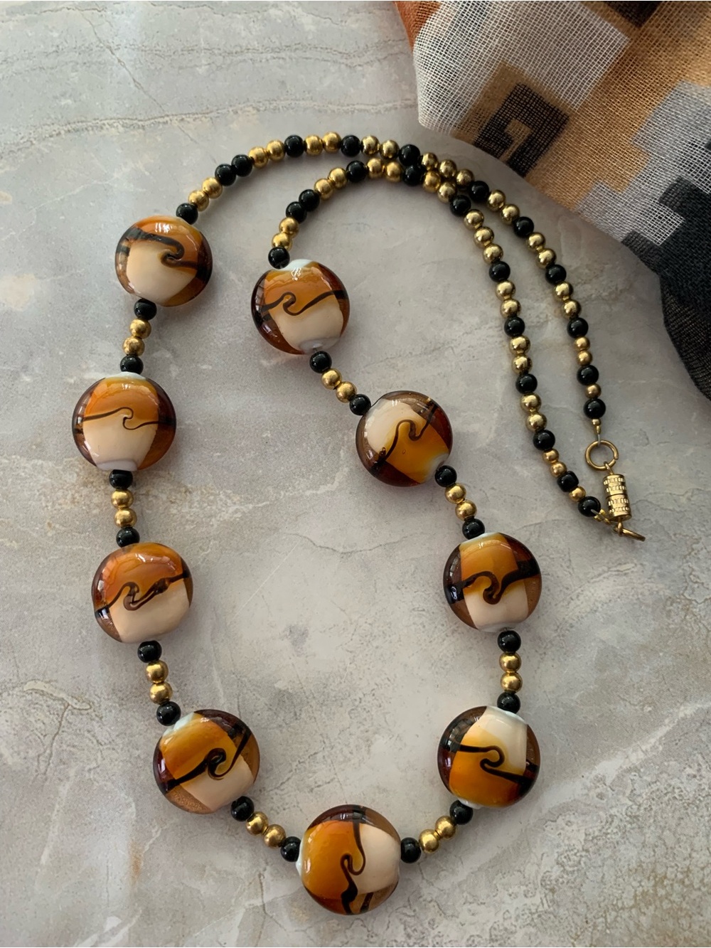 Amber & Cream Dichroic Glass Bead Necklace with Black and Gold Accents